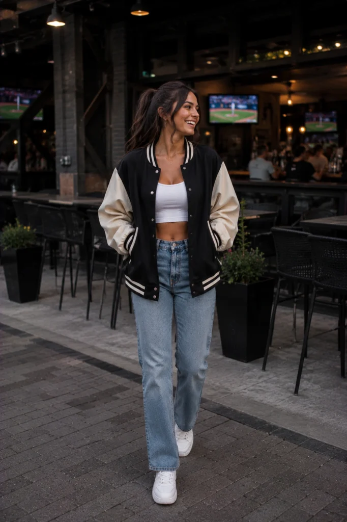 baddie varsity jacket soccer outfit idea 2026 — baddie outfit ideas