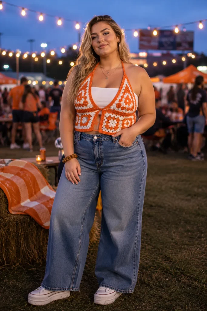 Crochet halter top with wide-leg jeans tailgate look — game day outfits college