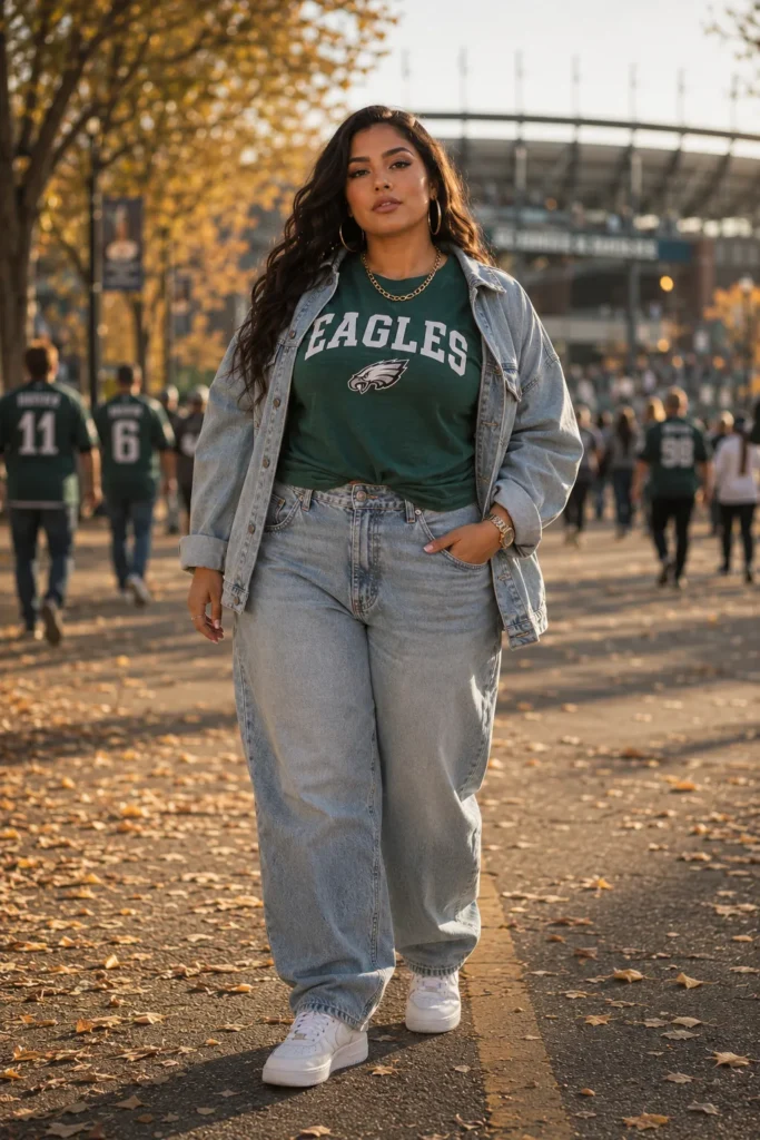 Denim-on-denim with fitted team tee — game day outfits college