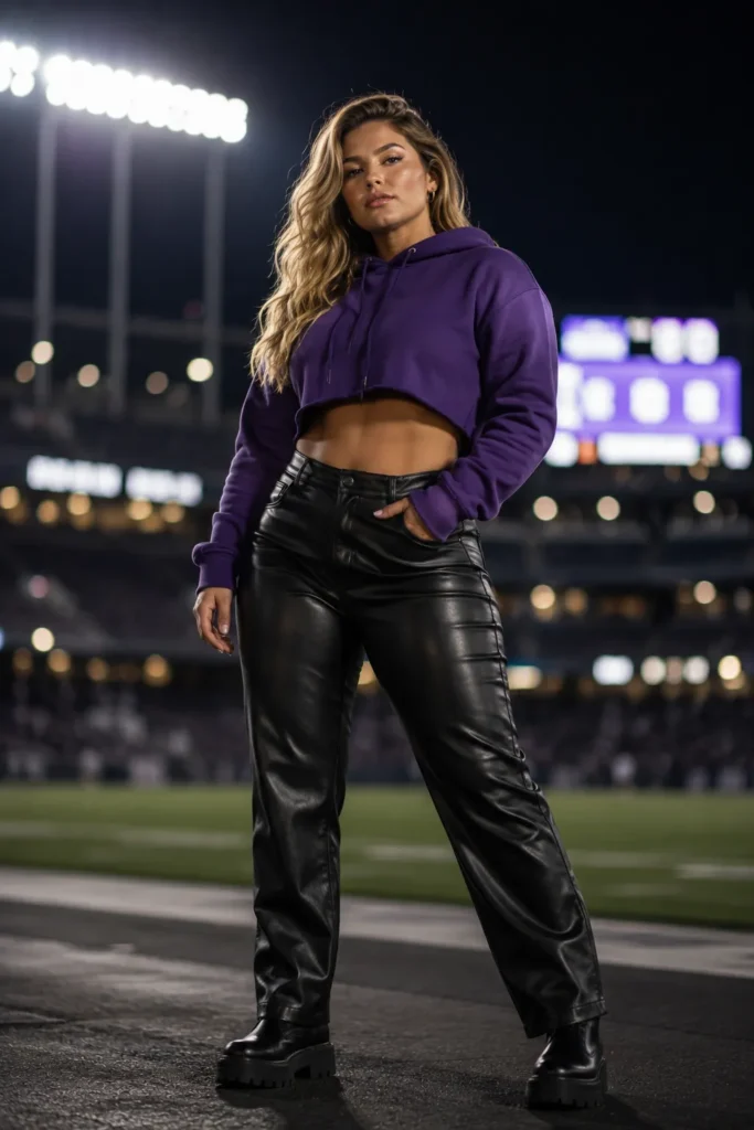 Matte faux leather pants with cropped hoodie night game fit — game day outfits college