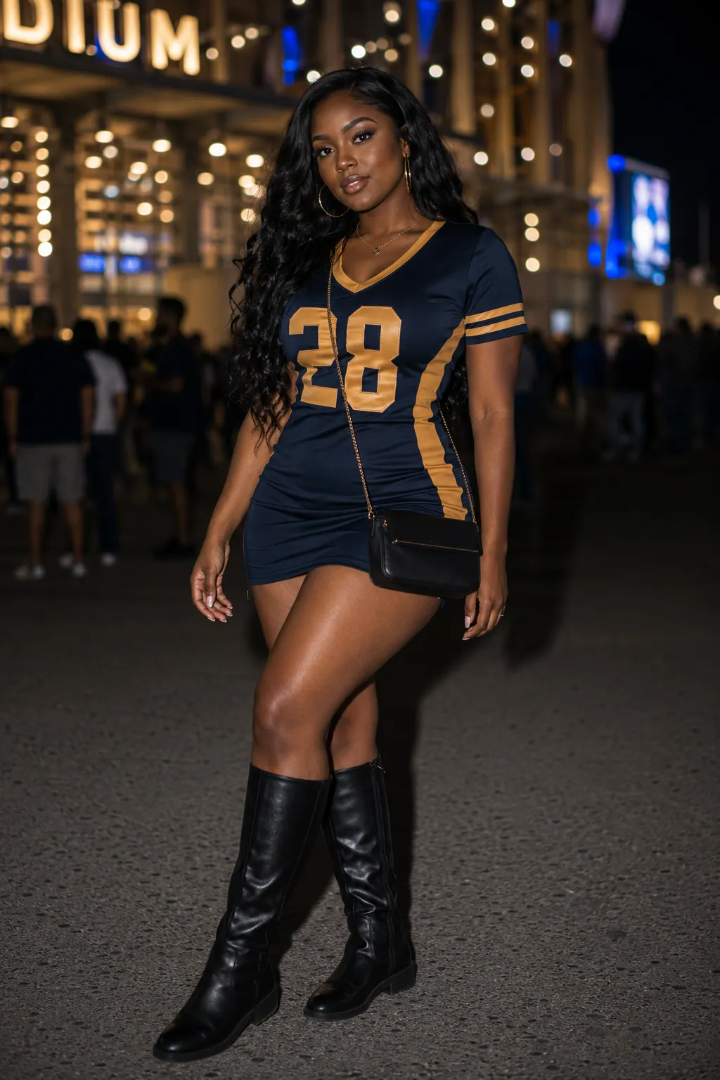 Fitted jersey mini dress with flat knee-high boots night game fit — game day outfits college