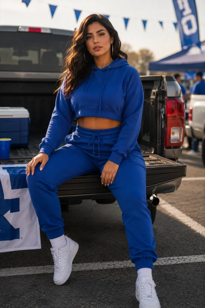 Matching cropped hoodie and jogger sweat set in team colors — game day outfits college
