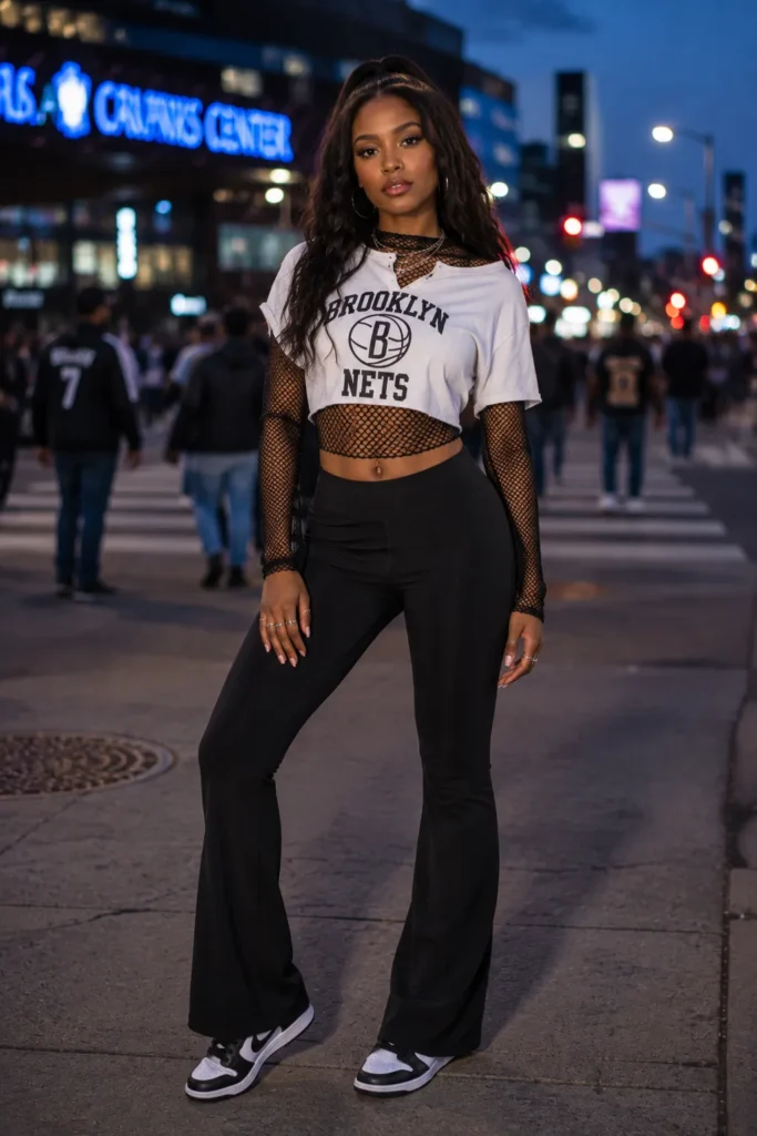 Black mesh long-sleeve under cropped team tee — game day outfits college