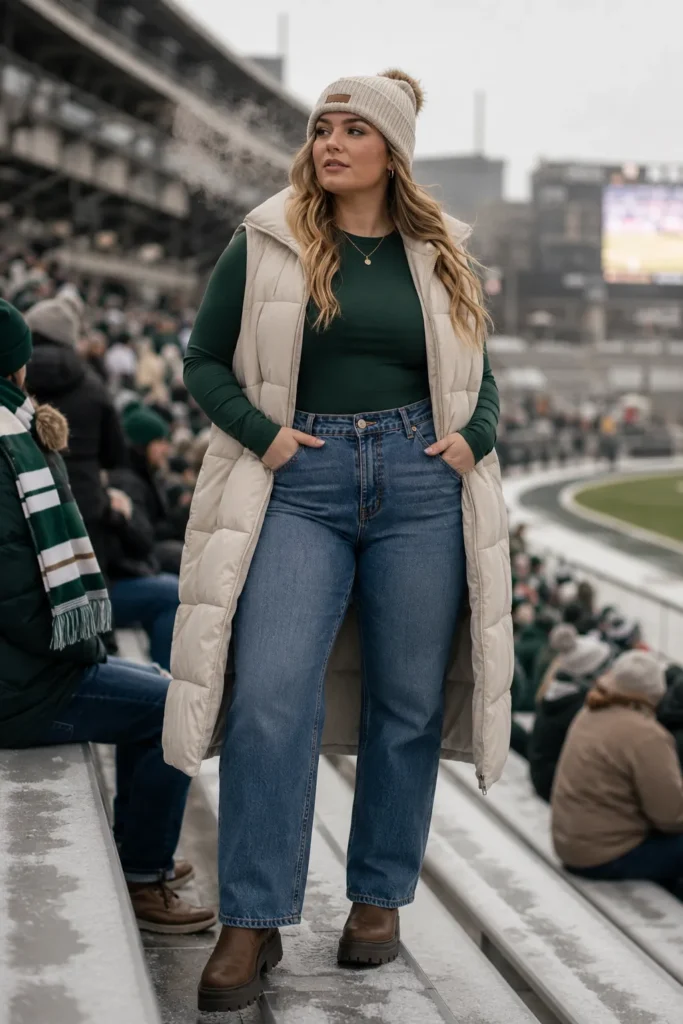 Puffer vest layered cold-weather stadium look — game day outfits college