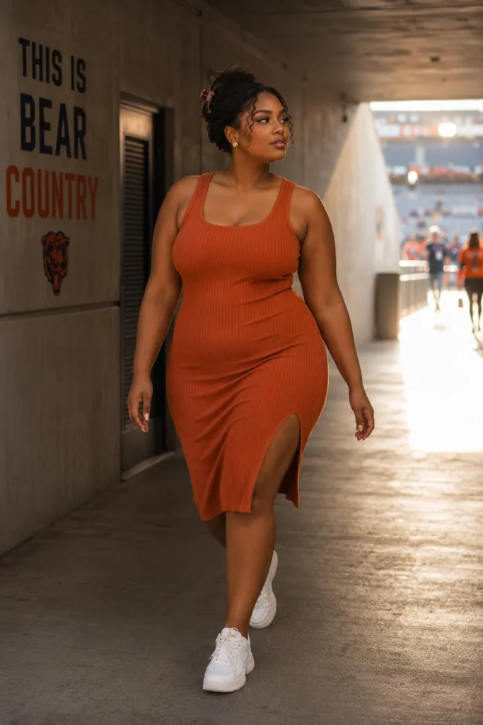 Ribbed bodycon midi dress with chunky sneakers — game day outfits college