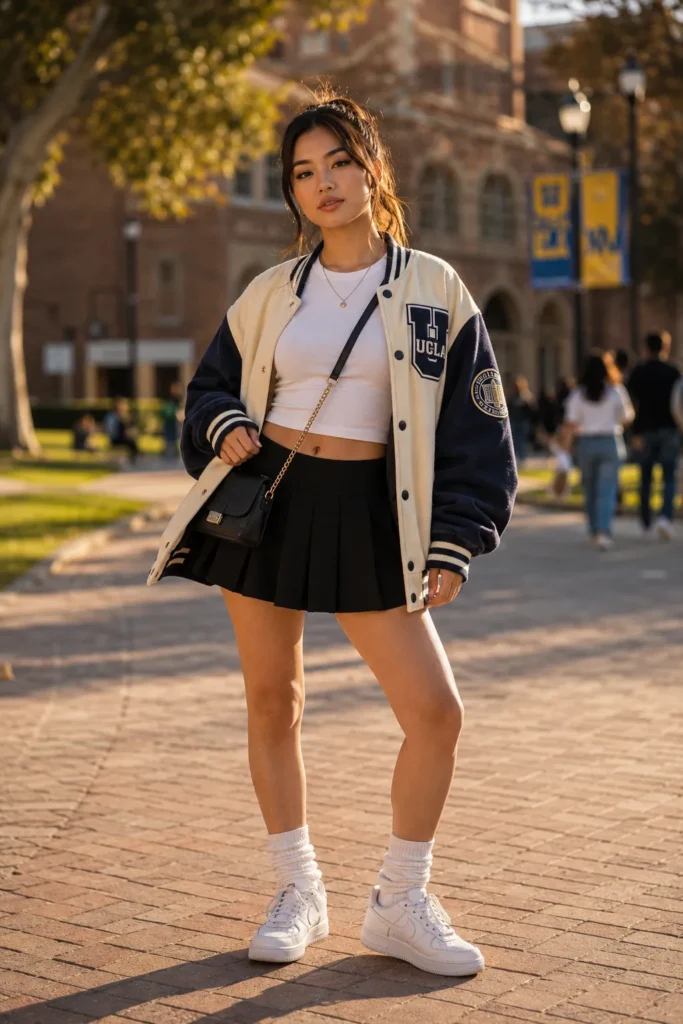 Varsity jacket with pleated tennis skirt — game day outfits college