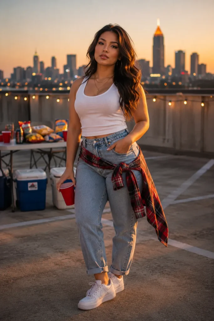White tank and mom jeans with team flannel tied at the waist — game day outfits college