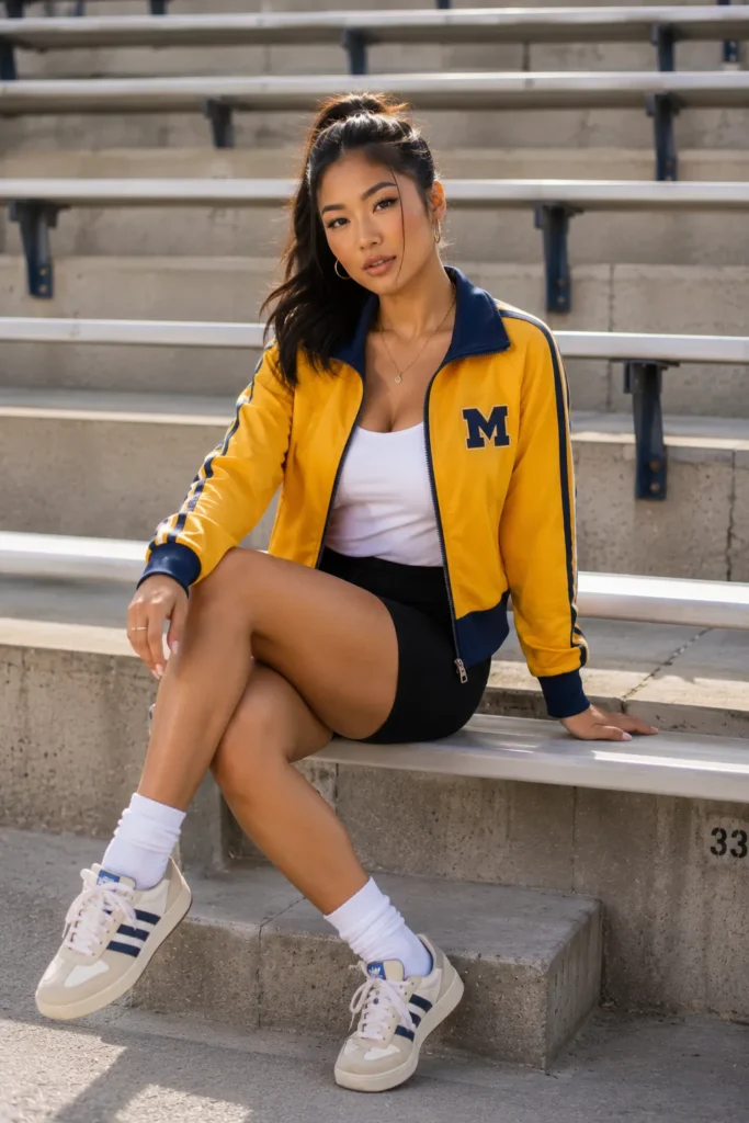 Retro track jacket with bike shorts and crew socks — game day outfits college